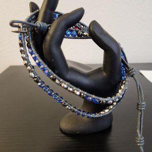 Black leather blue and black beaded Necklace